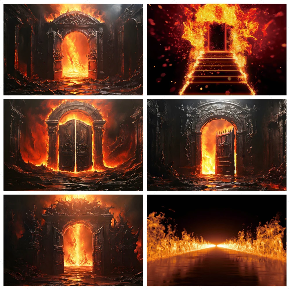 

Hell Gate Hellfire Halloween Backdrop Grim Reaper Hellfire Flame Heaven Hell Scary Halloween Party Photography Background Decor