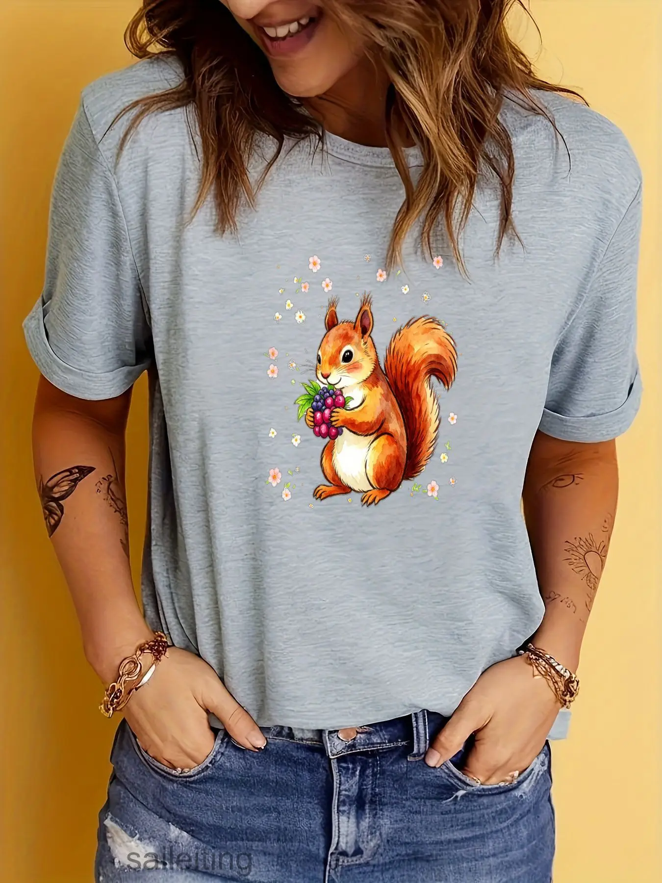 Cute Red Squirrel Watercolor T-Shirt Women Men, Fluffy Animal Holding Purple Berries with Golden Sparkles, Casual Short Sleev