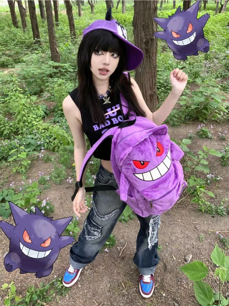 Pokémon Gengar Mochila de Grande Capacidade Mochila Escolar de Anime Cartoon, Mochila Escolar Roxa para Meninos e Meninas Casal, Anime, Novo