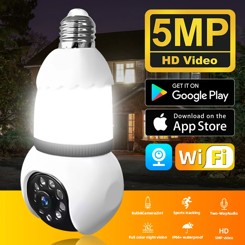 5MP E27 Bulb indoor Camera Bulb&Camera 2in1 Wi-fi Two-way Talk Security Surveillance CCTV Outdoor Security Camera Human Tracking