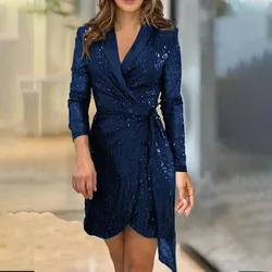 Autumn Winter New Solid Color Sequin Blazer Collar For Women's Lace Up Dresses Simple Fashion Slim Elegant Female Party Dress