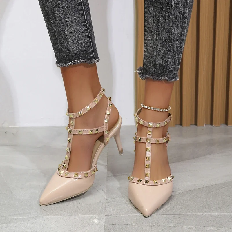 Buty damskie Nity Sandały Damskie letnie grube z cienkimi butami na wysokim obcasie Szpiczaste szpilki Seksowne buty do klubu nocnego