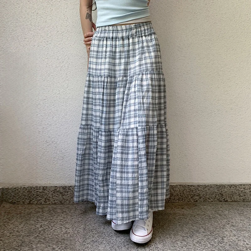 

WEEKEEP Blue Simple Versatile Plaid Elastic Waist Midi Skirt Artistic Asymmetrical Slimming Long Summer Skirt for Young Women