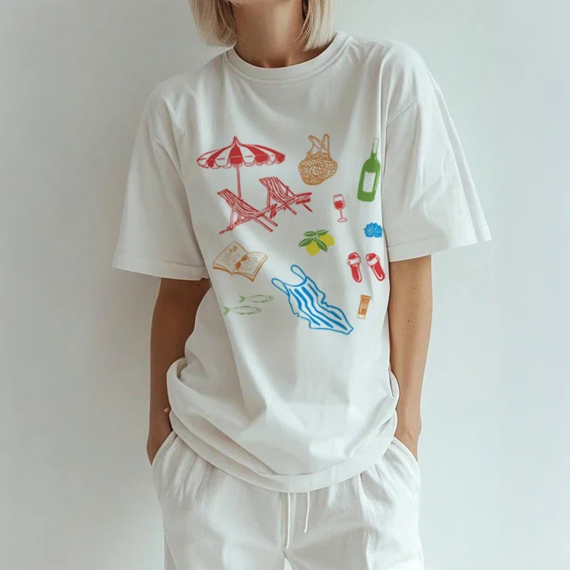 PLUS ขนาดผู้หญิง TShirt น่ารัก Y2k อิตาเลี่ยน Coastal Beach กราฟิกเสื้อ Retro La Dolce Vita เสื้อยืดความงามหลวมแขนสั้น TEE