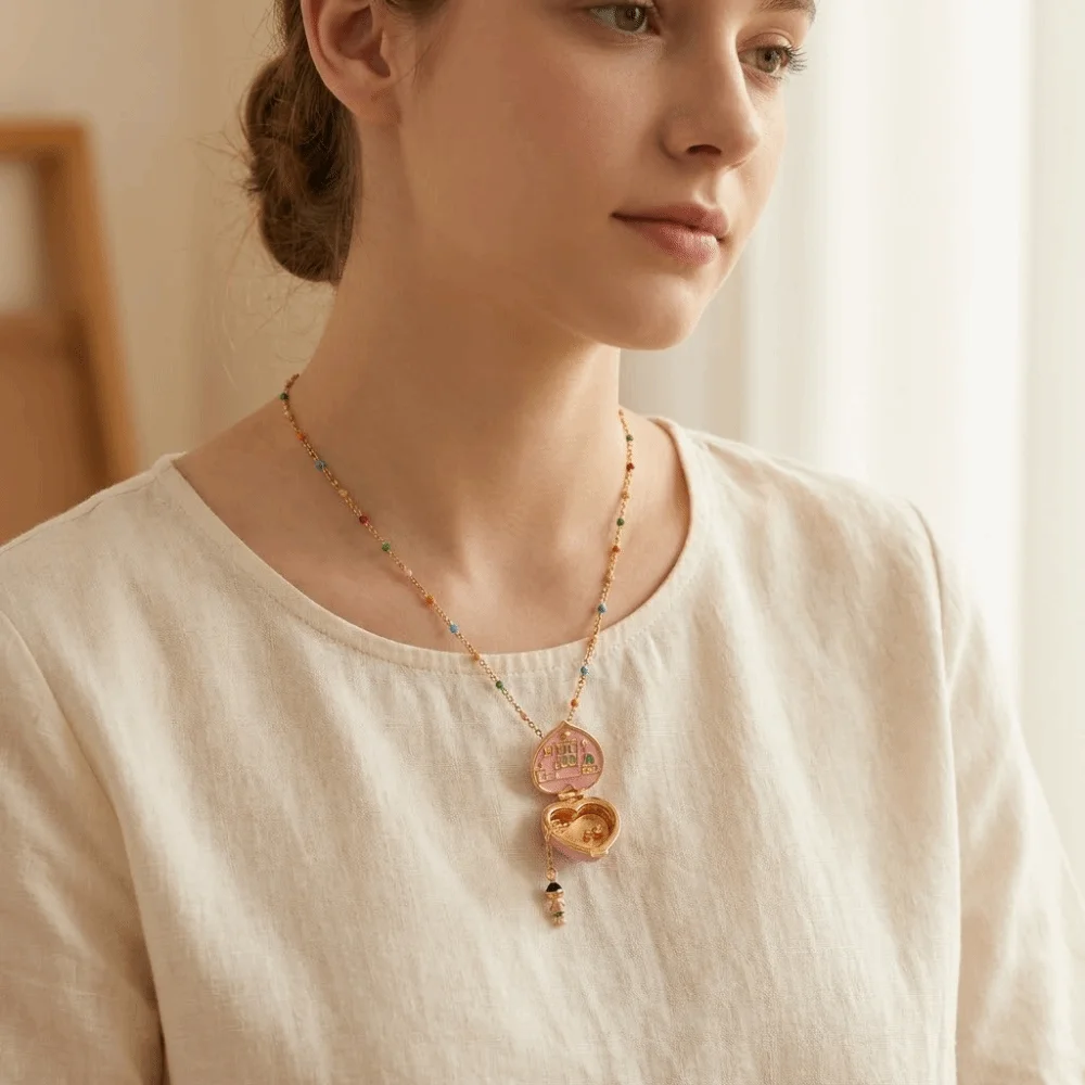 Alloy Opening Closing Phase Box Necklace Cute Pink Gold Color Pendant Choker Interesting Unique Pentagram Heart Ring