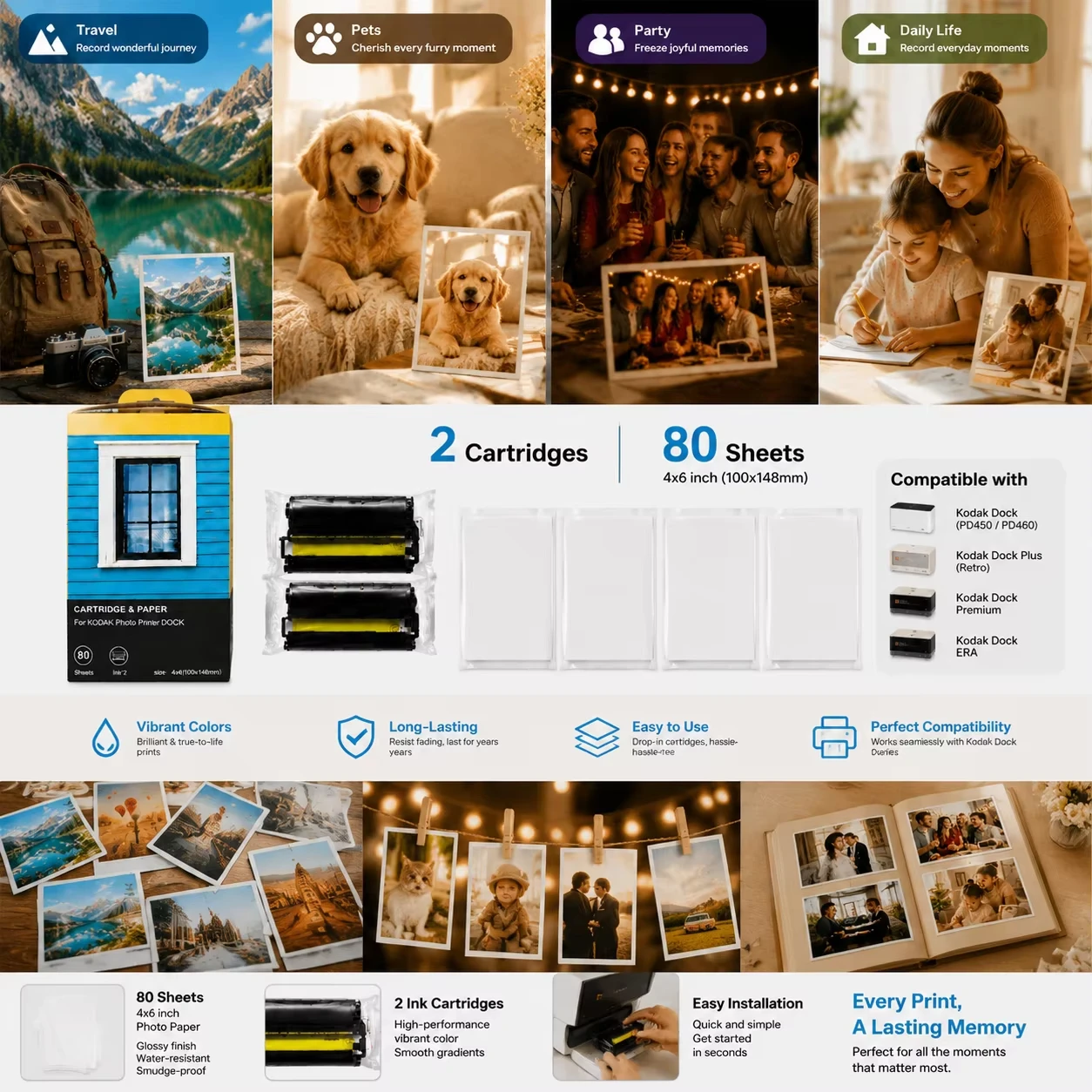 4x6 Inch 100x148mm Photo Paper & Ink Cartridge Set 80 Sheets +2 Ribbons Replacement for Dock PD450 PD460 Plus Retro Premium ERA