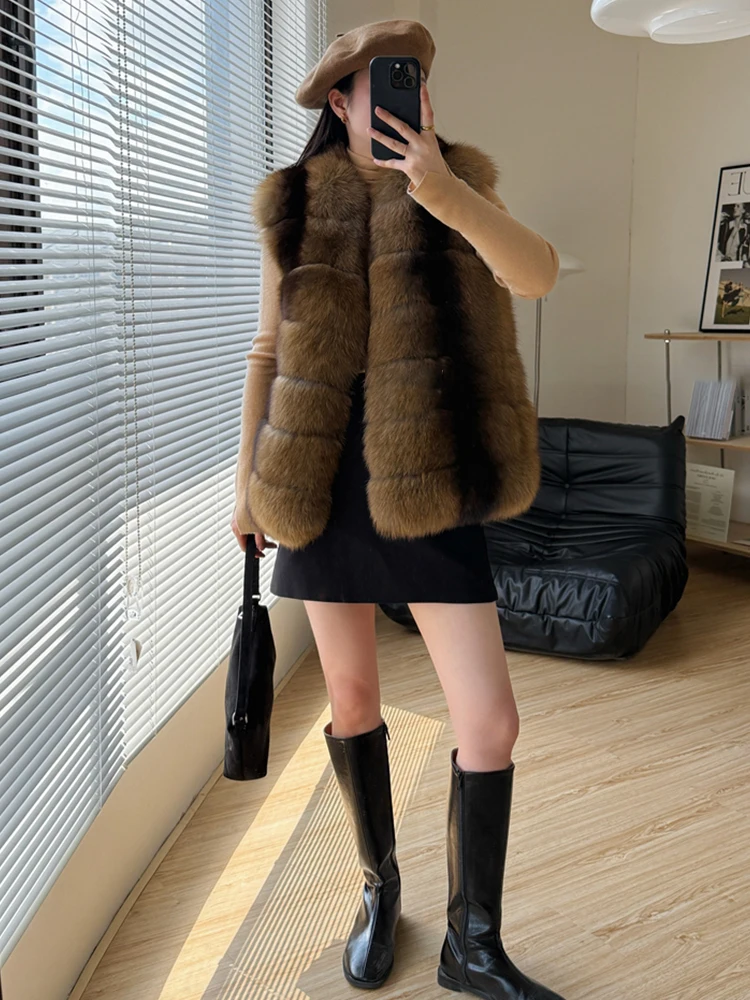 2025 Fashion Autumn Winter Women Real Fox Fur Coat Sleeveless Vest Luxury Natural Fur Waistcoat Female Jackets