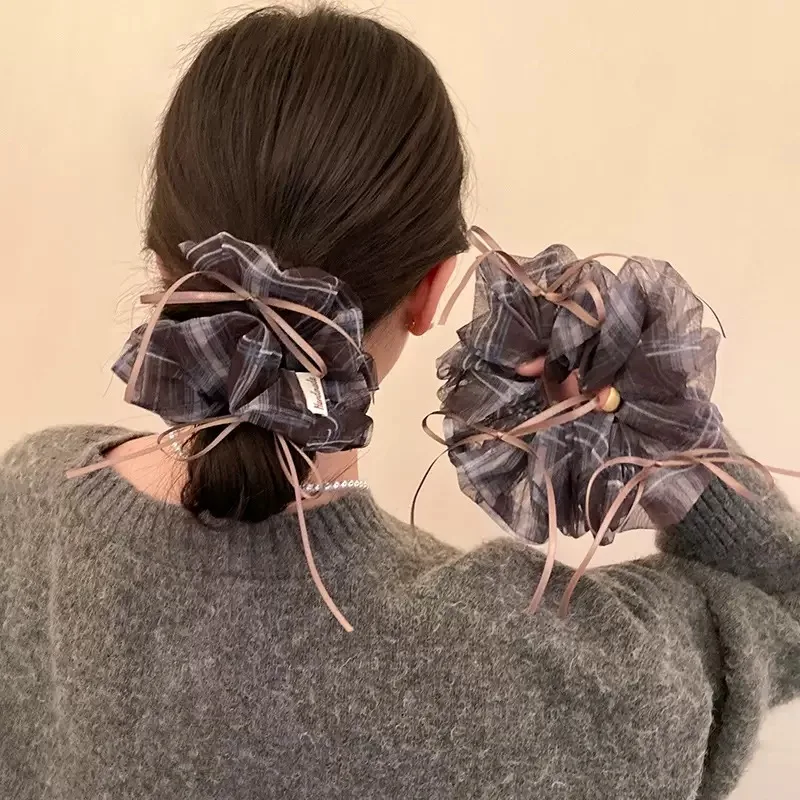 Vintage Karierte Organza-Haarschleife - Elegante Doppellagige Haarschleife mit Banddetails, Ein Femininer Haaraccessoire – Detail 4