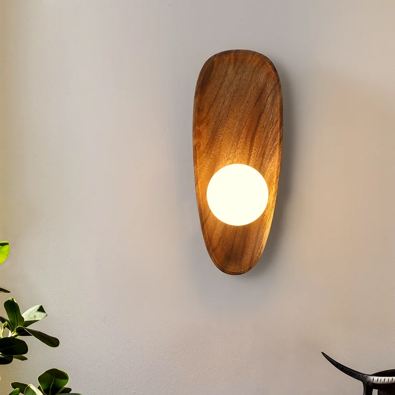 Natural Wooden Wall Mounted Lamp Glass Lampshade For Living Room Wood Vintage Decoration Bedside Sconce Foyer LED Light Fixture