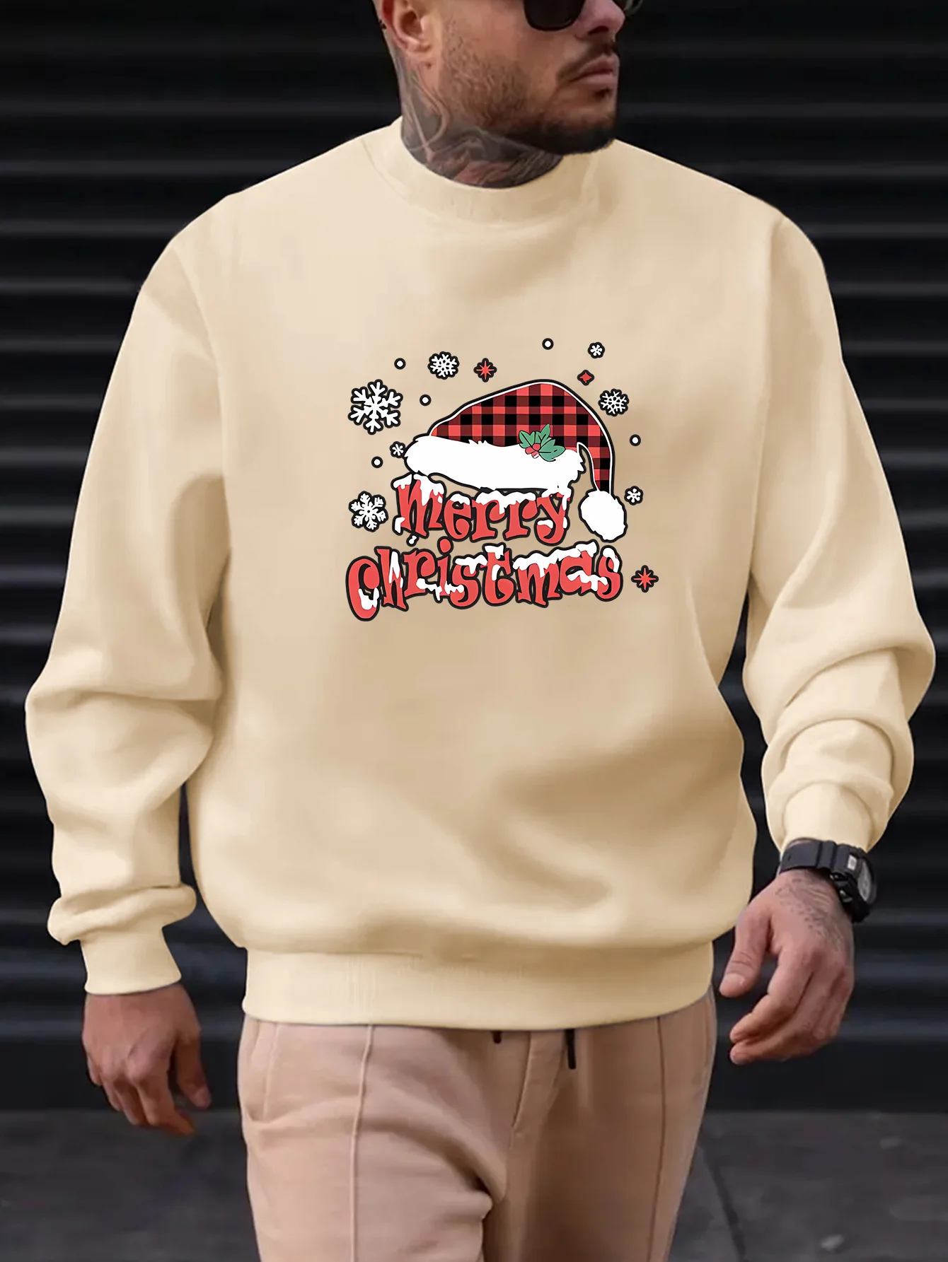Merry Christmas Print Men's Sweatshirt - Casual Long Sleeve Crew Neck Pullover, Perfect for Fall & Winter