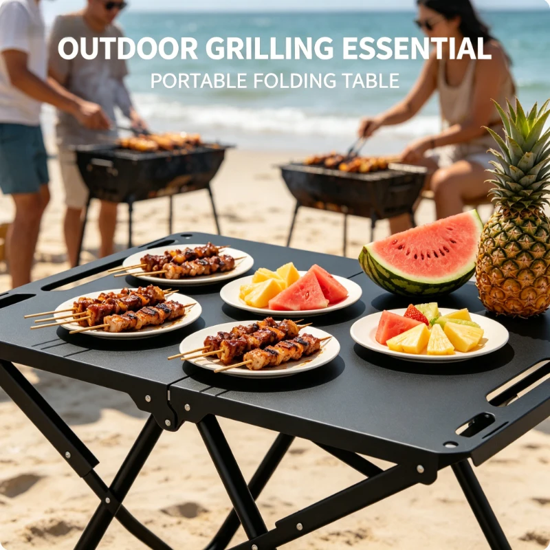 

Portable Sand Proof Folding Beach Table Outdoor Picnic Table with Hanging Hooks Hollow Edge for Camping BBQ Backyard Patio