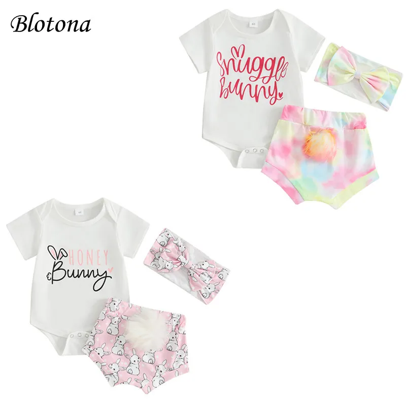 

Blotona Baby Girl Easter Outfit Round Neck Short Sleeve Romper + Elastic Waist Rabbit Print Shorts + Headband 3Pcs Infant Set