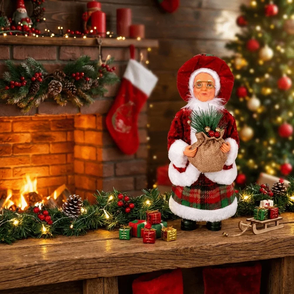 Standing & Sitting Mrs. Claus Christmas Statue Pine Berry Felt Xmas Figurine Faux Wool Red Plaid Sequin Ornament Mantel