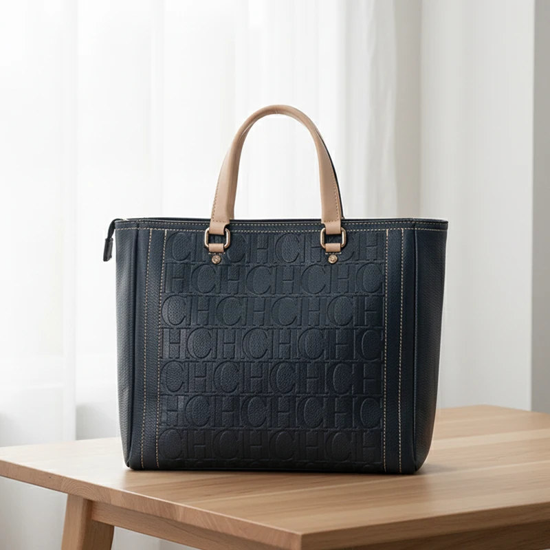 CH Women Lightweight Embossed Letter Print Tote Bag Contrast Handle Zipper Closure Business Vacation Shopping Commute