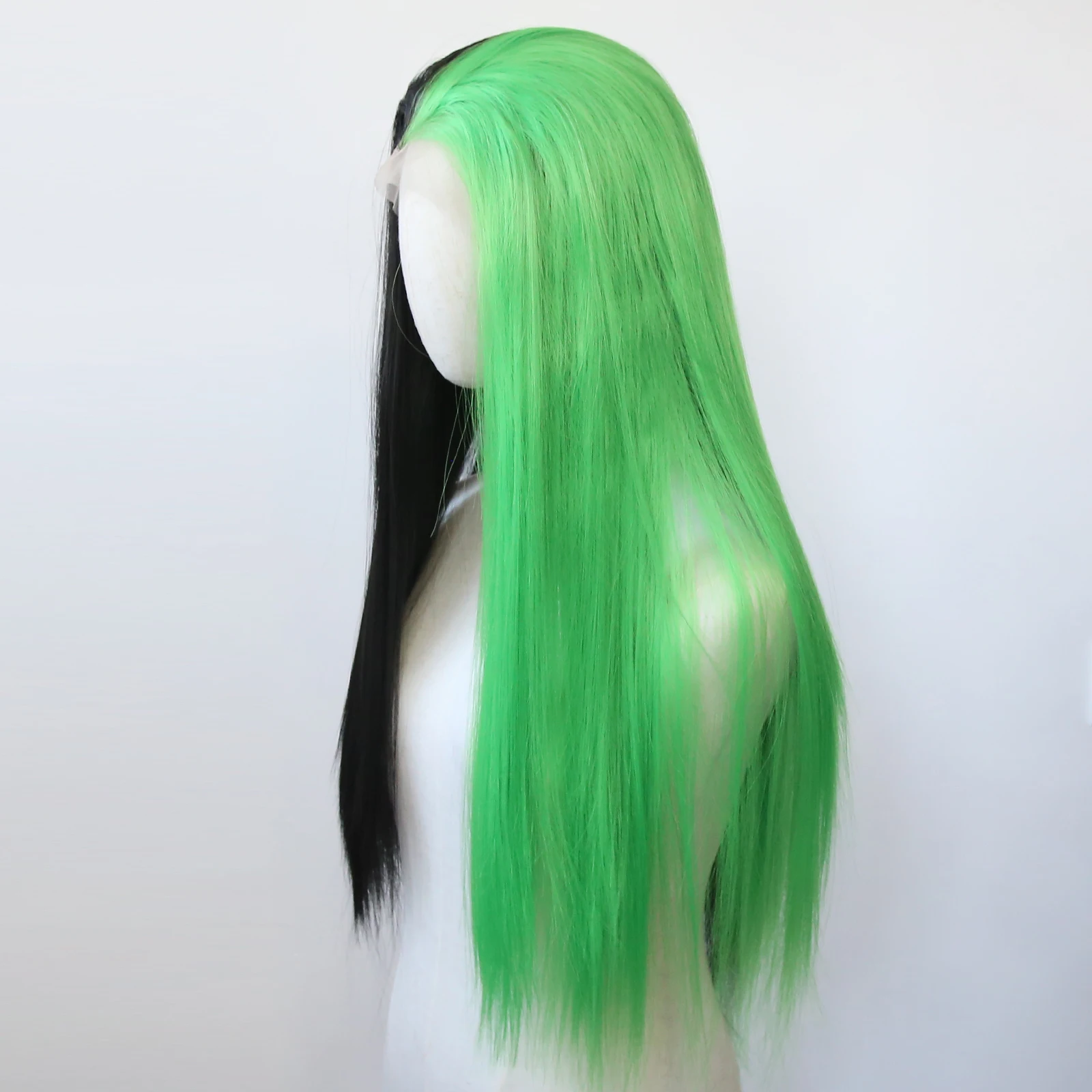 Half Black and Half Lime Green Synthetic Lace Front Wig Long Straight Synthetic Wig Pre Plucked Heat Resistant Hair Wig