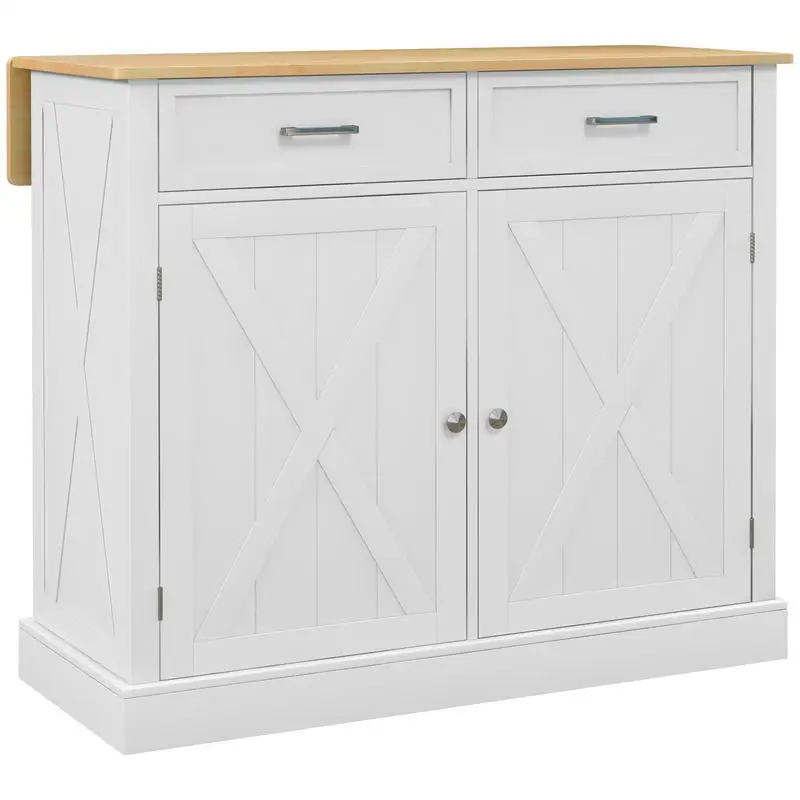 

Rolling Kitchen Island with Drop Leaf Wood Breakfast Bar, Farmhouse Kitchen Cart with 2 Drawers, Adjustable Shelves for Dining Room, White