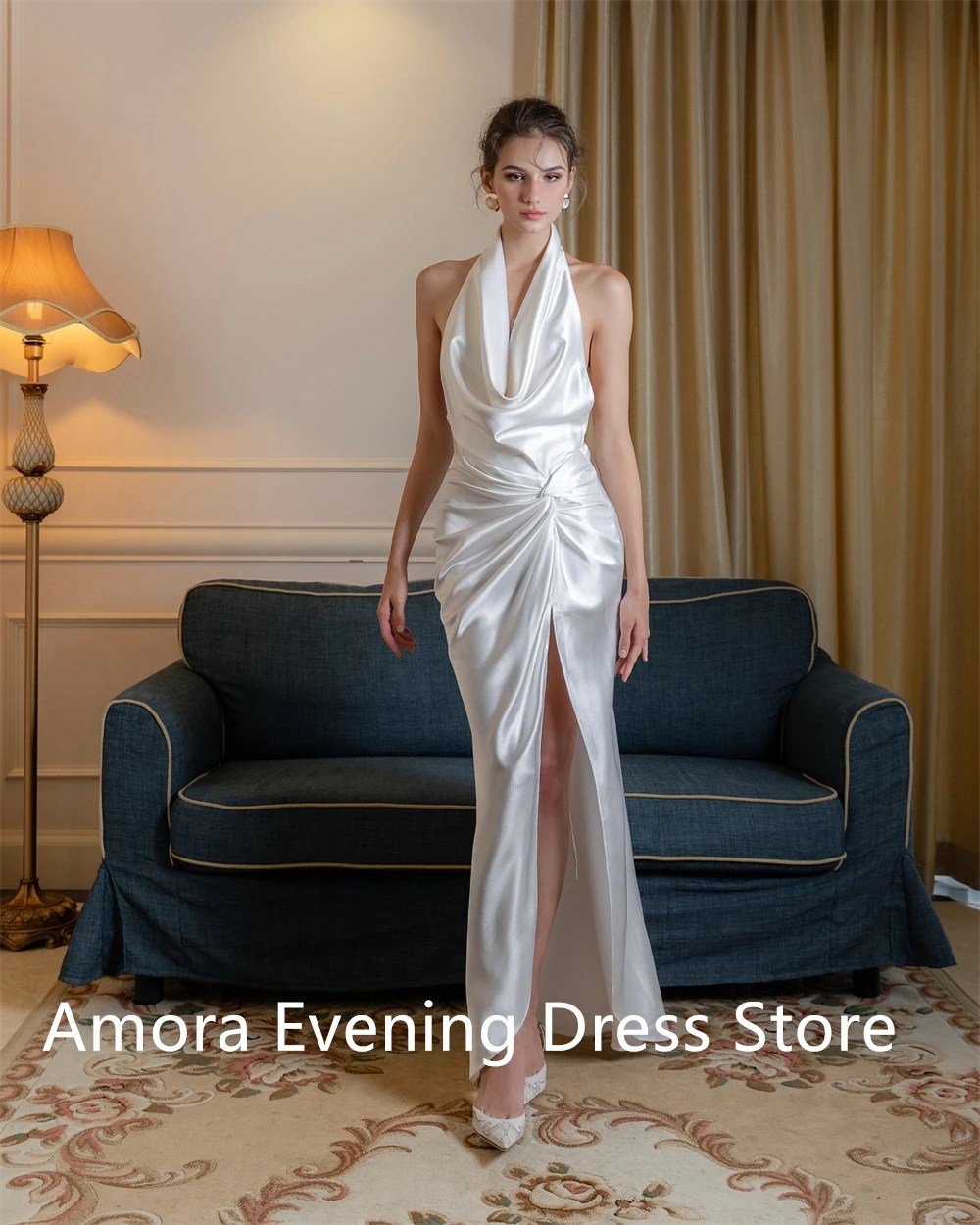 Customized Temperament  Satin  Evening Dress High Quality Halter Sleeveless Backless Open Back Mermaid Side Slit  Prom Dress