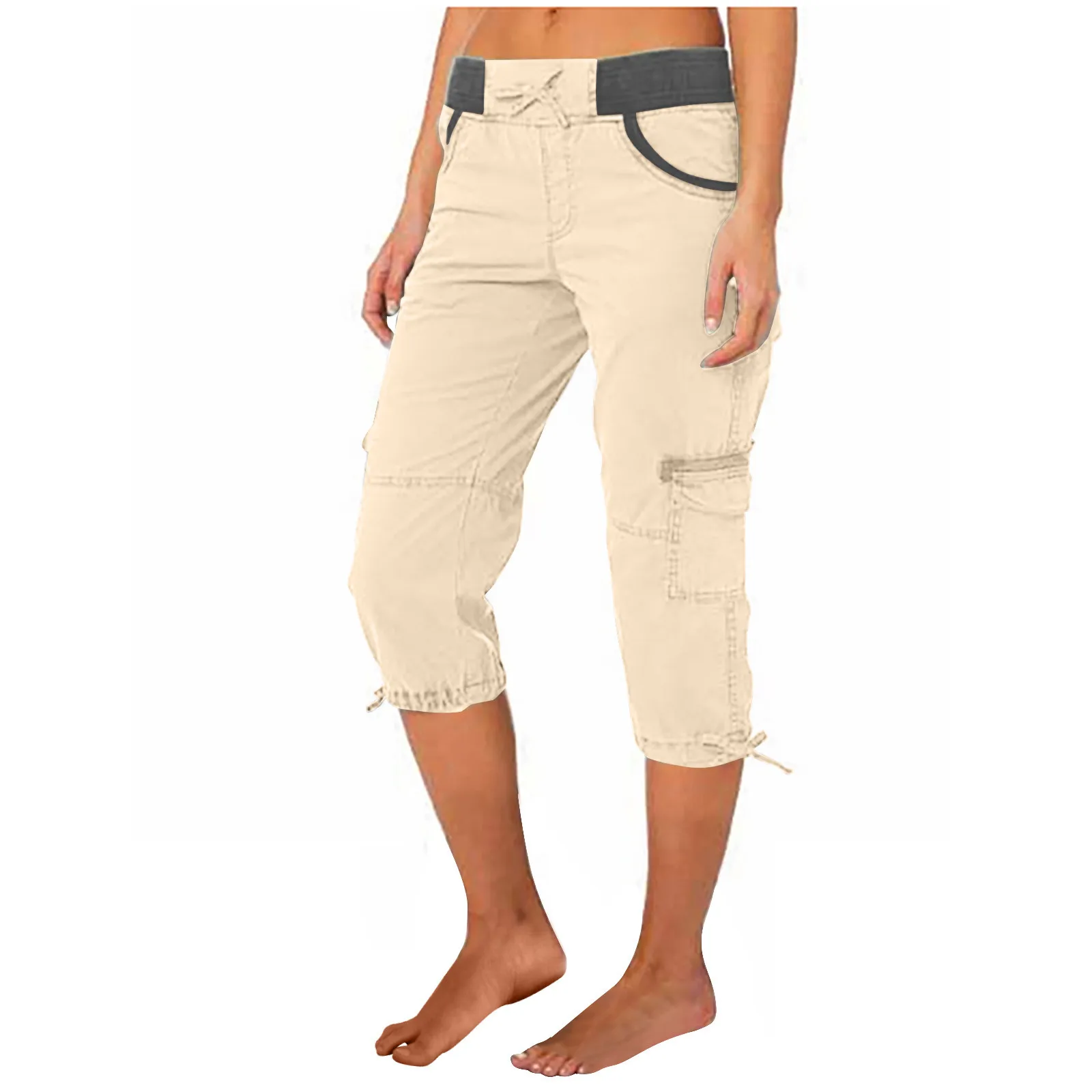 2026 Women's Summer Casual High Waist Drawstring Pocket Workwear Pants Solid Loose Wide Leg Extendable Cuffs 7-inch Pants Female