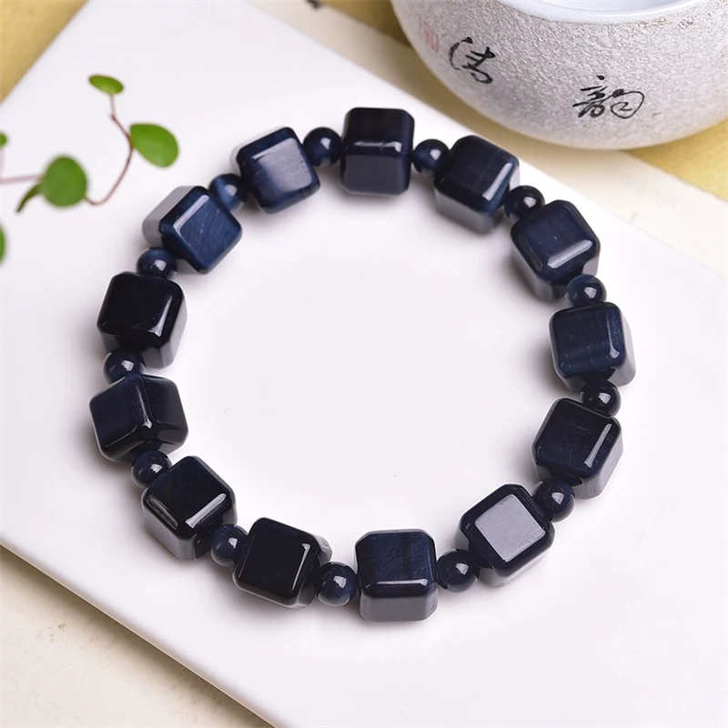 10MM Natural Blue Tiger Eye Stone Cube Bracelet Crystal Yoga Reiki Healing Stretch Bangles Female Gift 1PCS