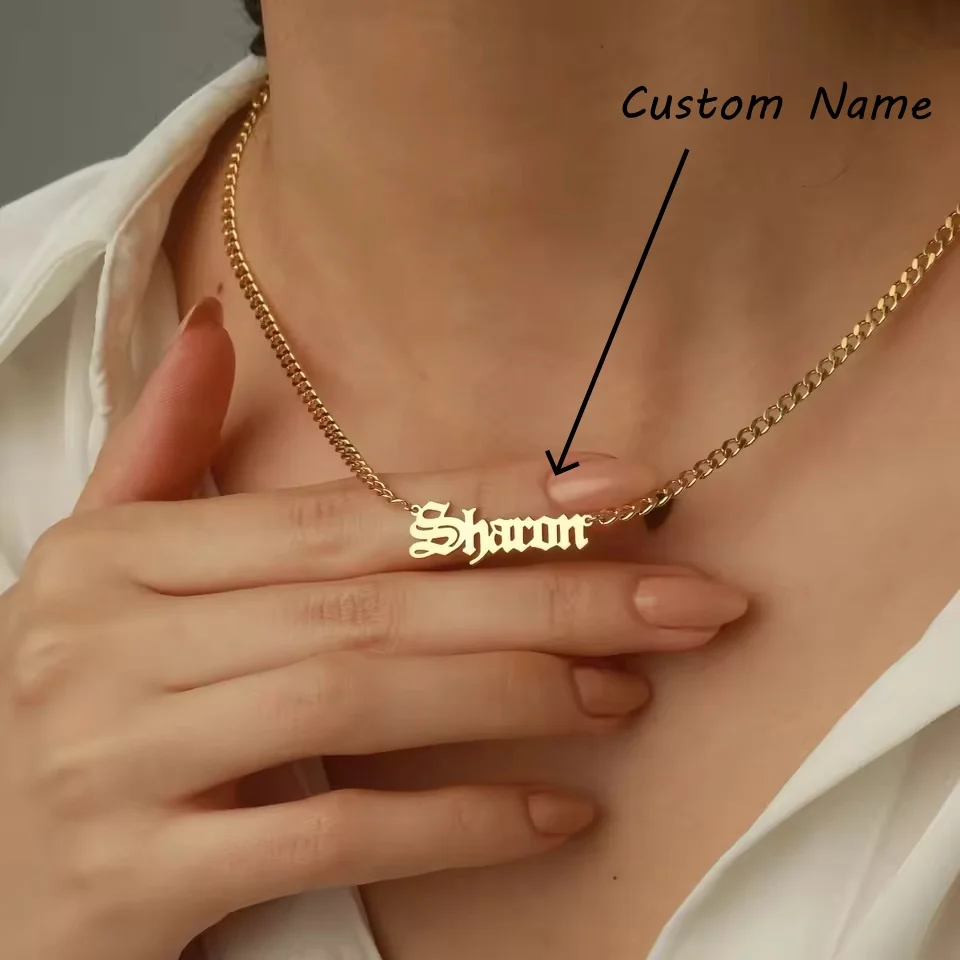 

Custom Old English Name Necklace Personalized Double Name Pendant 18K Gold Plated Handmade Two Nameplate Necklace Gift for Girl