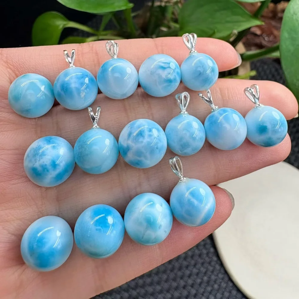 10.5mm S925 Natural Larimar Sphere Pendant Crystal Healing Reiki Polishing Mature Charm Jewelry Holiday Gift 1PCS