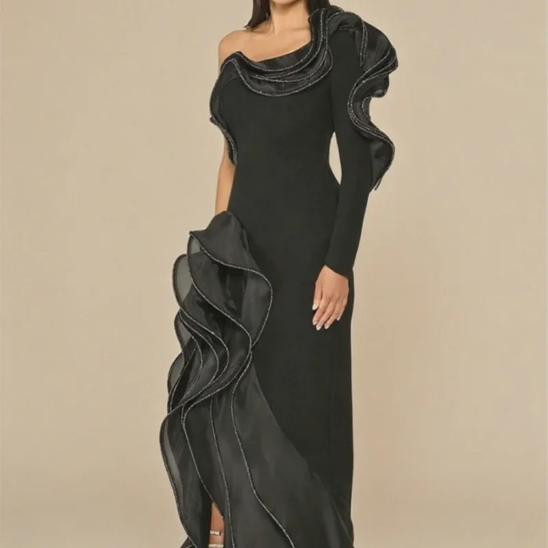 

Customized Mermaid Elegant Black Jersey Evening Dress Modern One Shoulder Sleeveless Party Dress High Quality Evening Dress ﻿