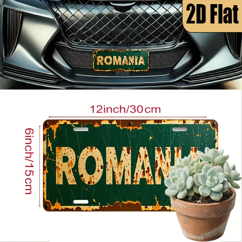 1pc Vintage Romanian License Plate - Retro European Car Plate with Green Background & Yellow Text, Heavy-Duty Aluminum Construct