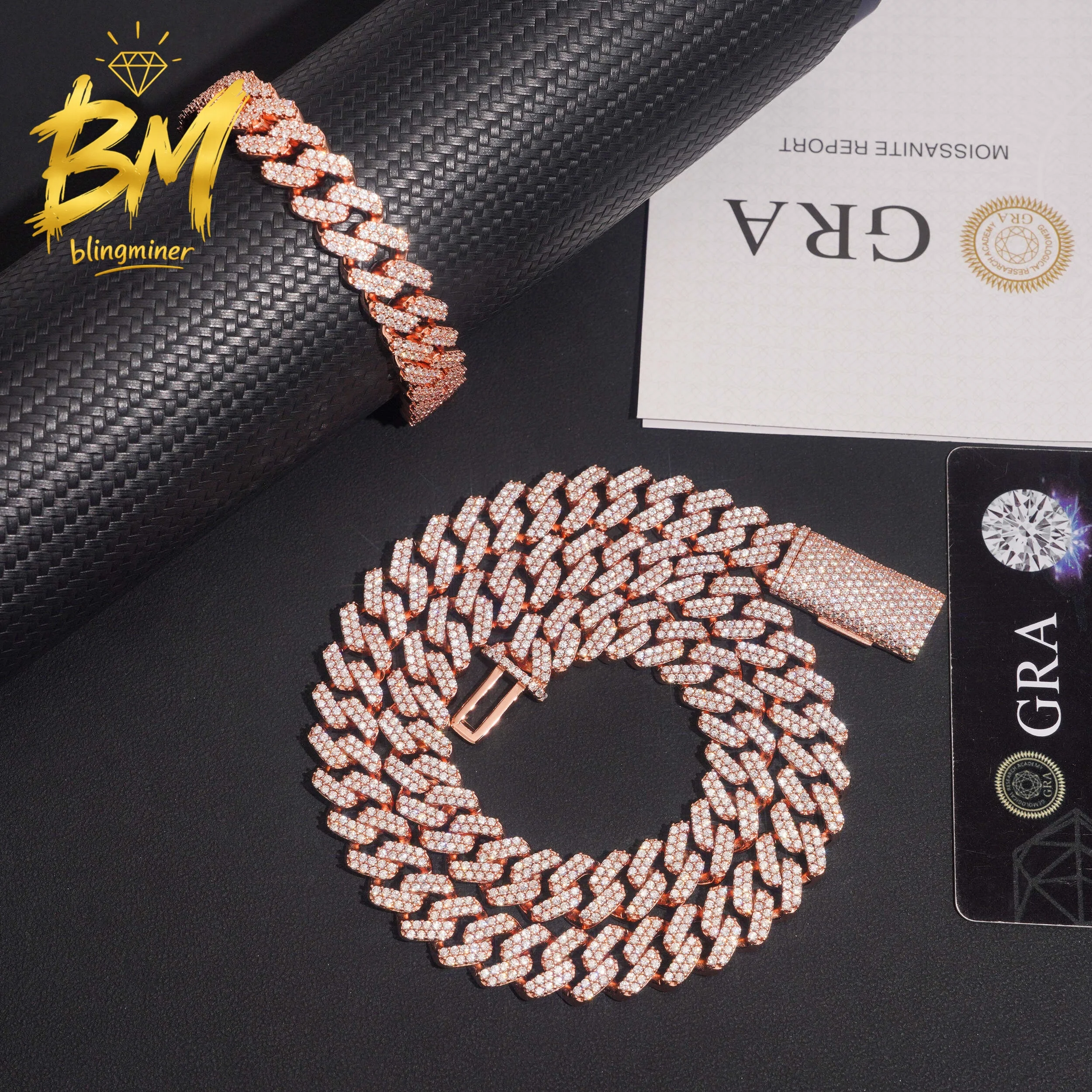 Blingminer s925 Silver 12.5mm Two Rows VVS Moissanite Cuban Link Chain Iced Out Necklace For Men Jewelry Pass Diamonds Tester