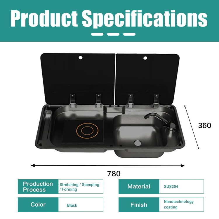 Black Coating Stainless Steel 304 RV Sink with Induction Cooker Stove for Camper Van Caravan Trailer Motorhome Car Marine