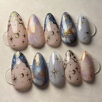 24pcs Blue French Press on Nails Baroque Star Moon Print Fake Nail Tips Full Cover Wearable Sweet Almond False Nails for Girls