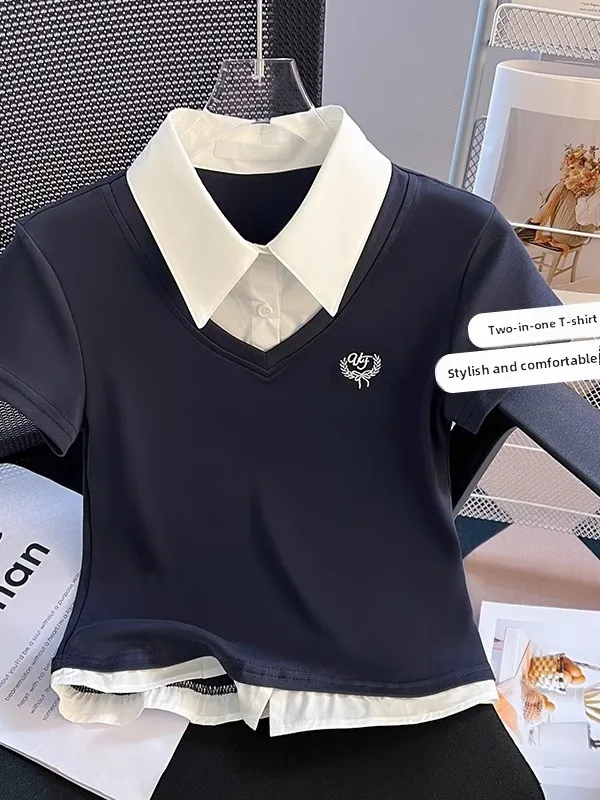 Japanese College Style Short Sleeve Shirt Collar T-Shirt Short Length for Junior And Senior High School Students Cotton Sweat...