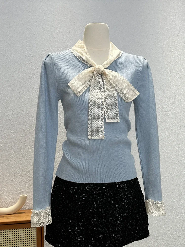 

Korean Lace-up Bow Collar Sweet Knit Pullovers Chic Elegant Slim Fit Sweet Jumpers Aesthetic All-match Casual Bottomed Sweaters