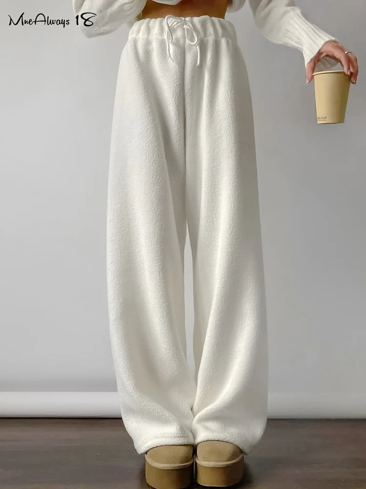 Mnealways18 White Warm Polar Fleece Drawstring Sweatpants High Waist Knitwear Wide Legs Pants Autumn Winter 2024 Street Trousers