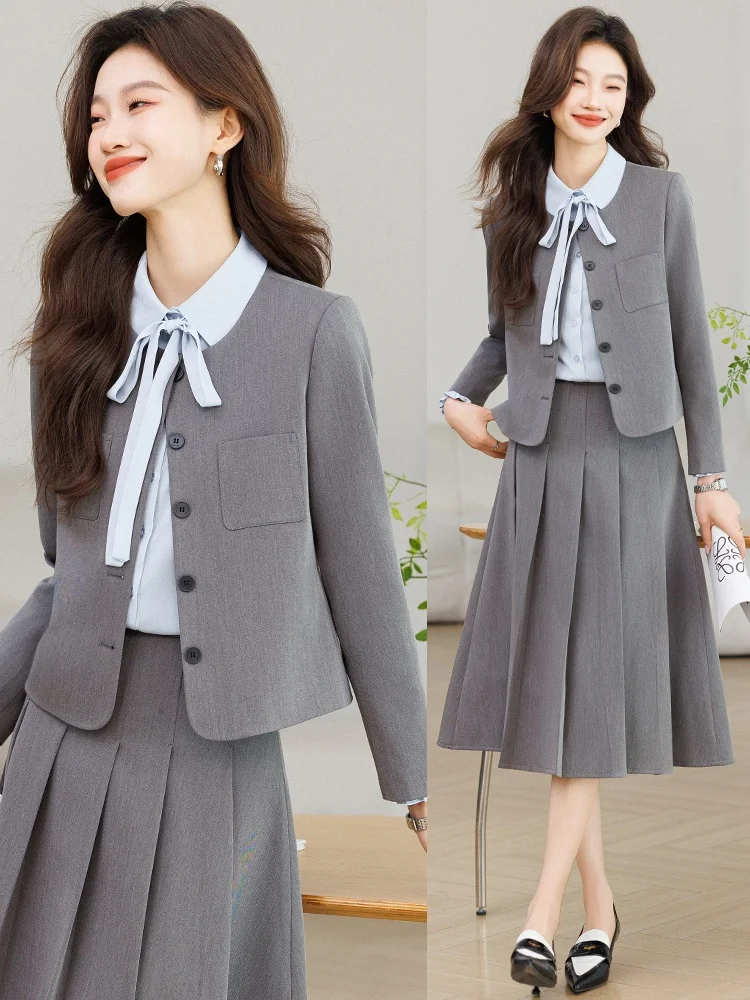 

Весенняя новинка: женский костюм в университетском стиле для собеседований, деловой наряд в стиле «маленький аромат», с длинным рукавом, круглым вырезом, из полиэстера.