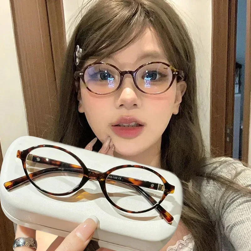 New Leopard Print Oval Frame Glasses Women Lovely Anti Blue Light Plain Eyewear Finish Optical Spectacle Computer Clear Glasses