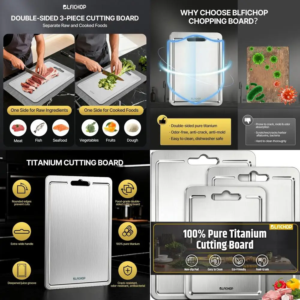 

Тройной набор разделочных досок из чистого титана с канавкой для сока, нетоксичные, двусторонние для использования на кухне, можно мыть в посудомоечной машине, серые