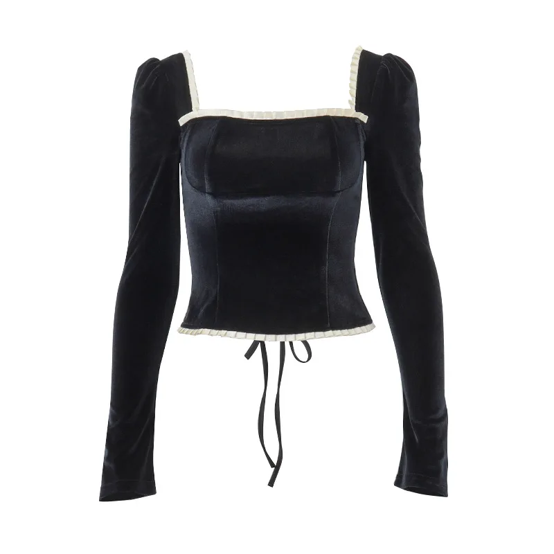 

Vintage Black Velvet Corset Top Square Collar Long Sleeve Blouse For Women Fashion 2024 Spring Autumn Elegant Blouses And Shirts