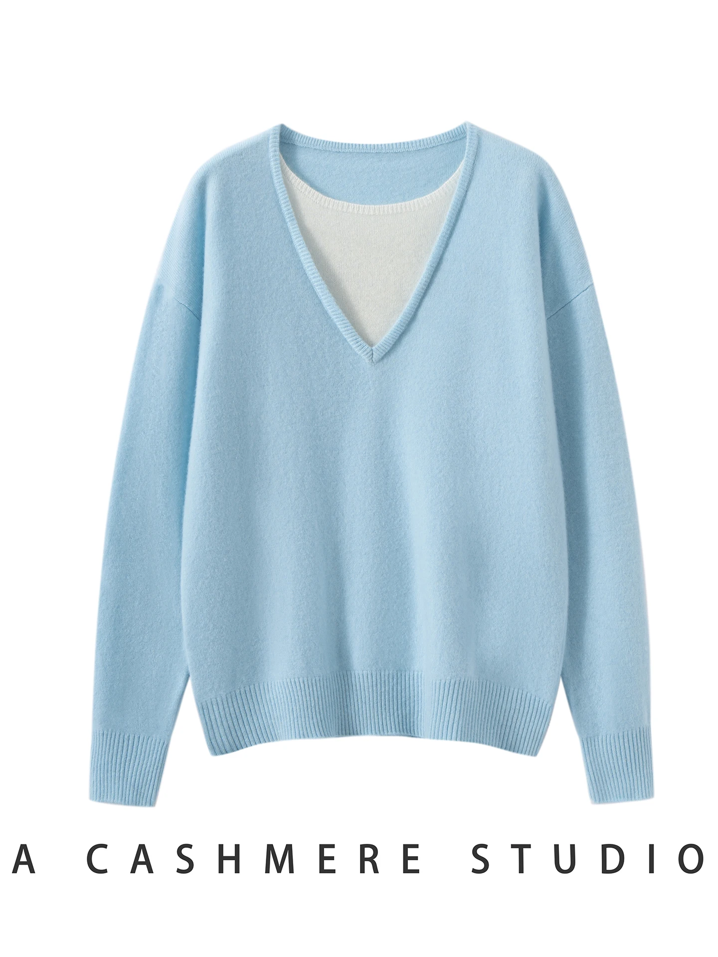 TLOML Women's 100% Cashmere Sweater Color Blocking Round V-Neck False Two-piece Pullover knitwear Autumn Winter Soft Casual Tops