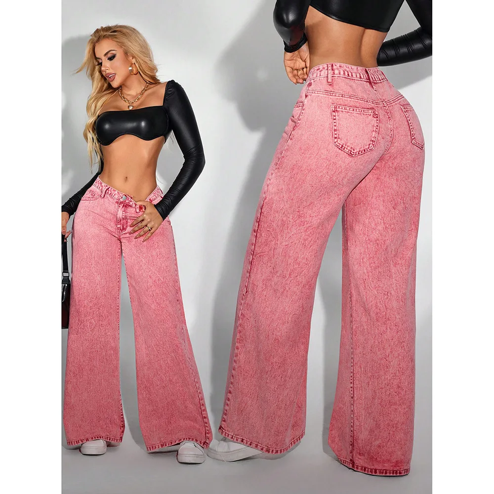 Jeans Women Denim Wide Leg Pants Vintage Straight Trousers Distressed Washed Pockets High Waist Streetwear 2025 Floor Length