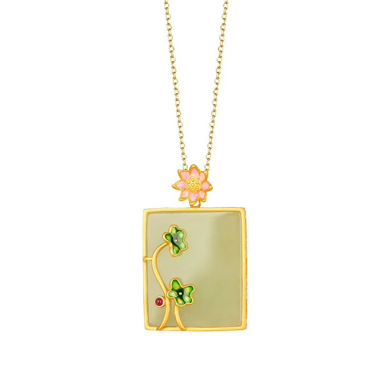 Enamel Lotus Flower Style Pendant New in Natural Hotan Jade Green Necklace Classical Clavicle Chain Banquet Jewelry for Women