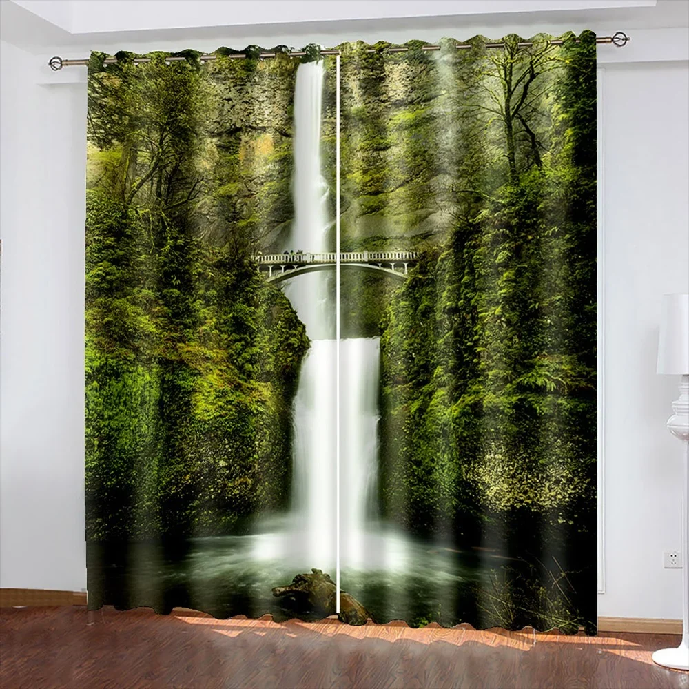 Nature Scenery Waterfall Printed Blackout Curtains Green Forest Bridge Pattern Window Drapes for Living Room Bedroom Home Decor
