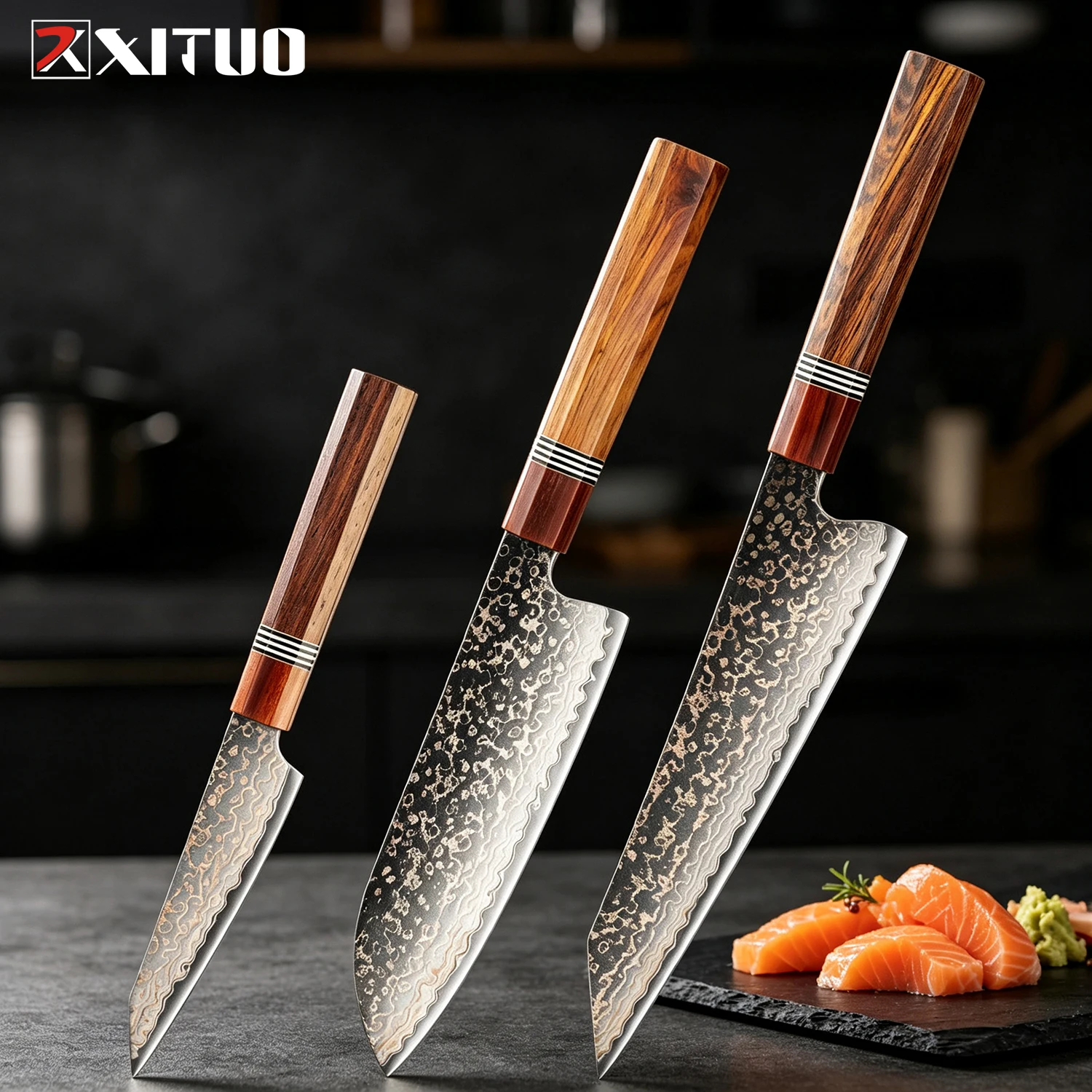 

XITUO Damascus Knife Set 1-3PCS,Rainbow Copper Damascus Steel Japanese Kitchen Knives Utility Knife,Octagonal Rosewood Handle
