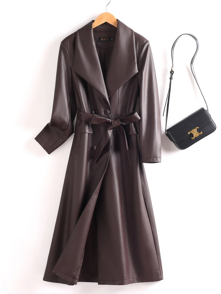 

Ele Mid-Length Women's eepskin Leather Jaet Vintage Sle Belted Coat Thiened Long Sve Double-Breasted Button