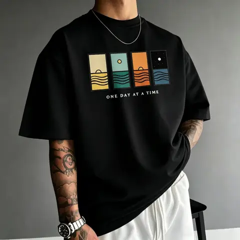 Men's T-shirt Men's round neck short sleeved T-shirt One Day At A Time Abstract Ocean Sunset Art Printed T-shirt Casual Street
