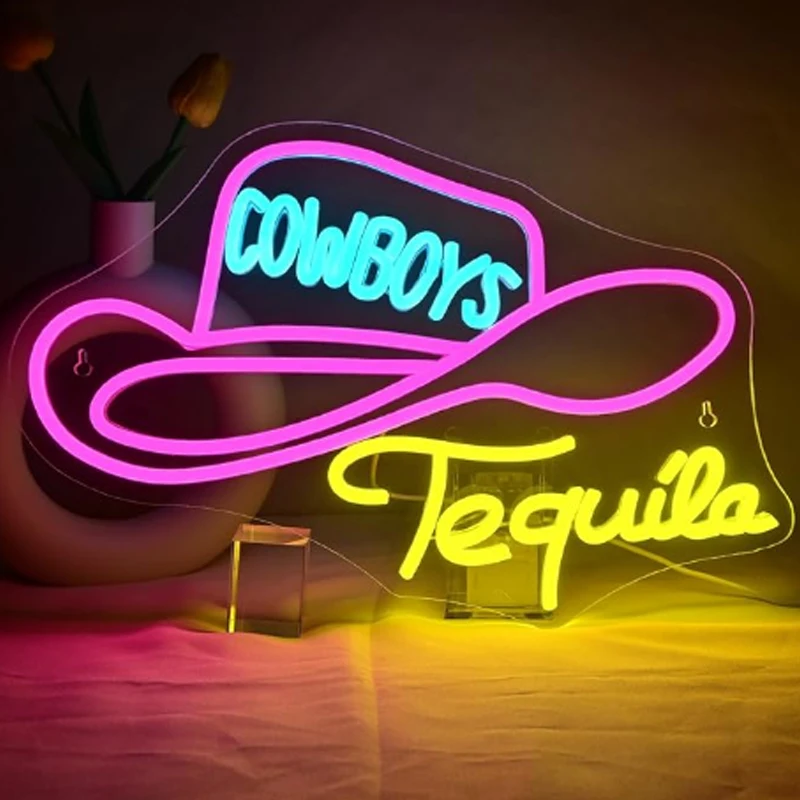 Letreros de neón Cowboys Tequila personalizados para Bar tienda wWall Art Letter Decor 5/12V USB Power regulable diversión rosa amarillo neón luz Led