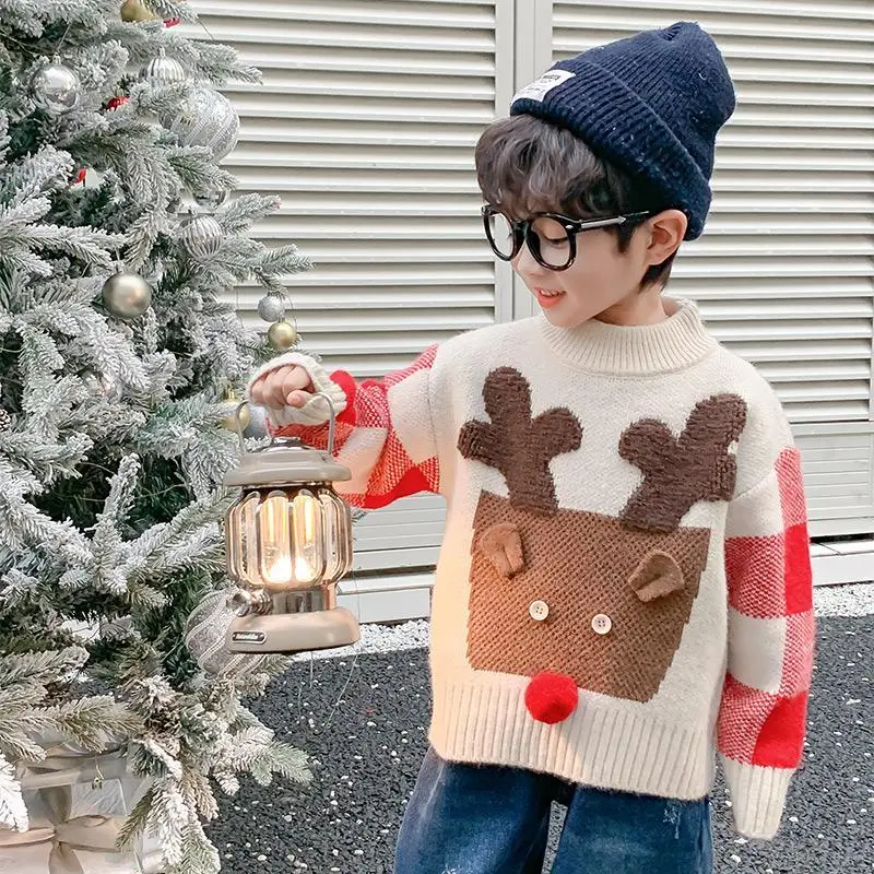 

Boys Woolen Sweater Crochet Cotton Windbreak 2024 Red Plus Thicken Autumn Winter Outwear School Warm Children's Clothing