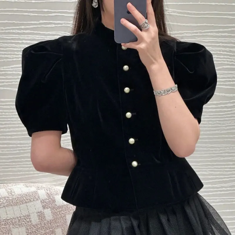 Runway Fashion Black Women's Velvet Cropped Short Vintage Jacket Classic Elegant Pearl Button Stand Neck Puff Sleeve Slim Coat