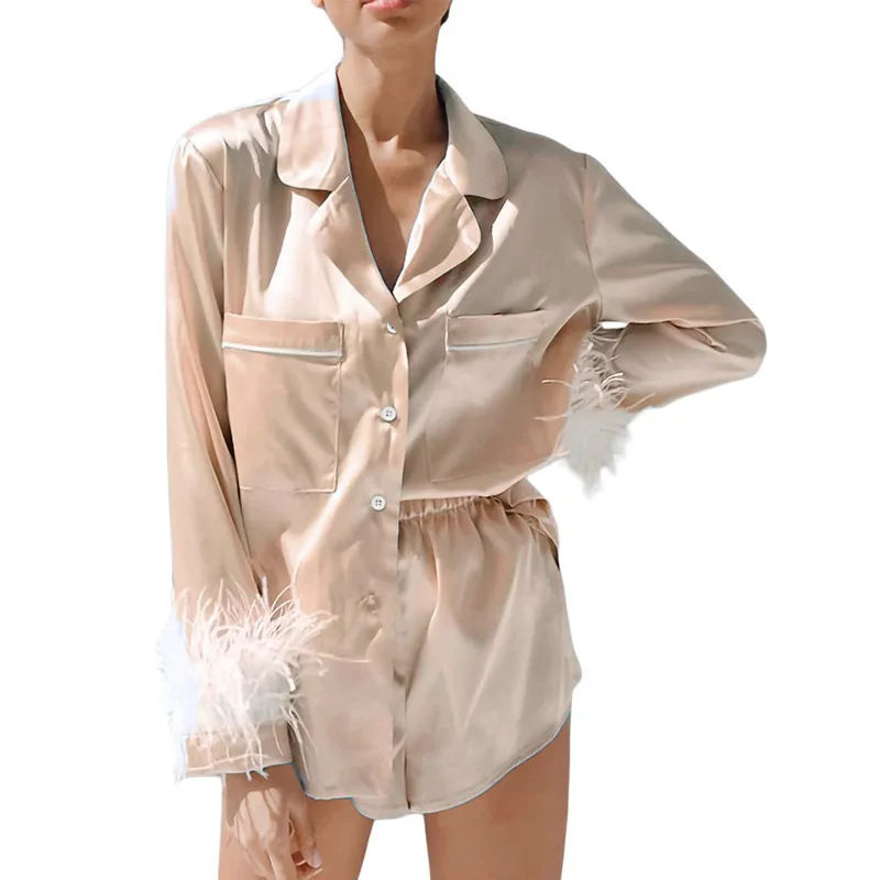 Women's Pajama Patch Feather Cuffs Solid Color Long Sleeve Collar Button Shirt With Shorts Loose 2-piece Set