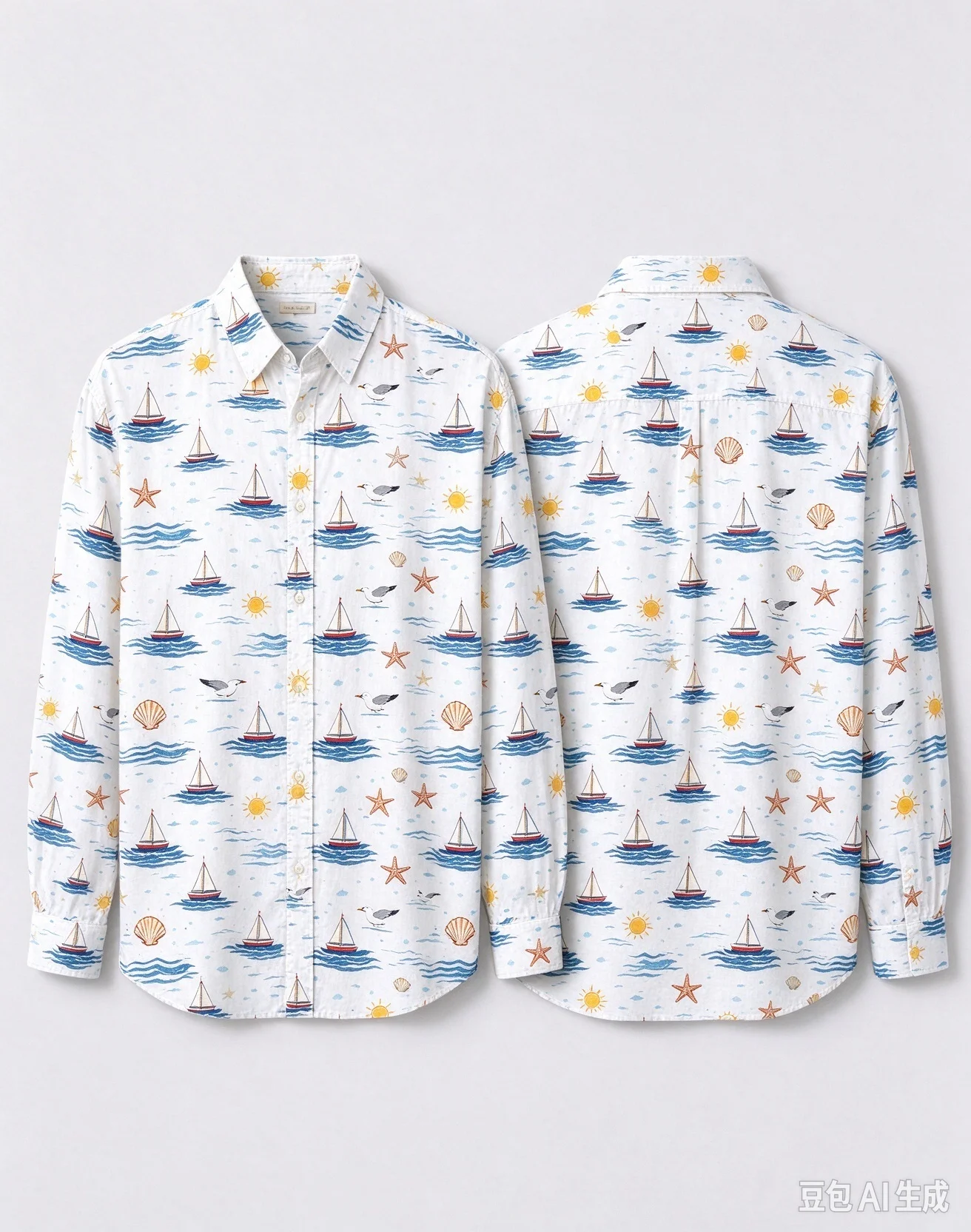 Unisex All Over Beach Print Long Sleeve Shirt, Loose Button Down Shirt with Front & Back Pattern for Men Women Seaside Vacation