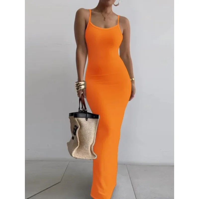 

Новинка размера плюс 1XL-5XL, женское модное повседневное однотонное длинное платье с тонкими бретелями, удобное и универсальное платье